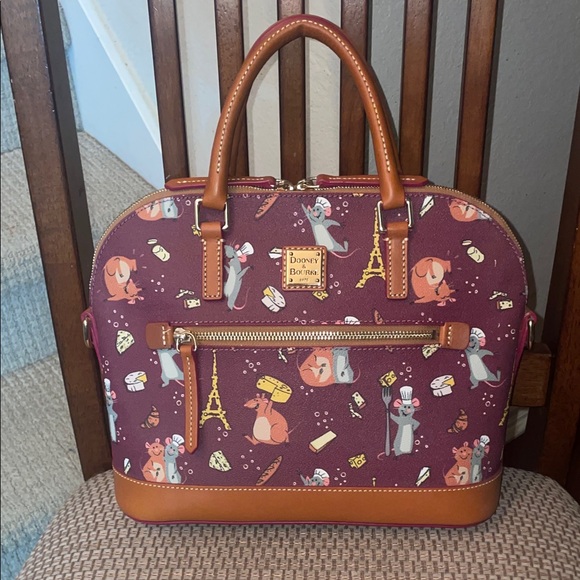 Dooney & Bourke Handbags - Dooney & Bourke Burgundy Parisian Print Satchel with Tan Trim